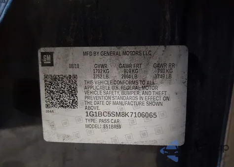 2019 Chevrolet Cruze Ls z USA, uszkodzony, nr VIN 1G1BC5SM8K7106065